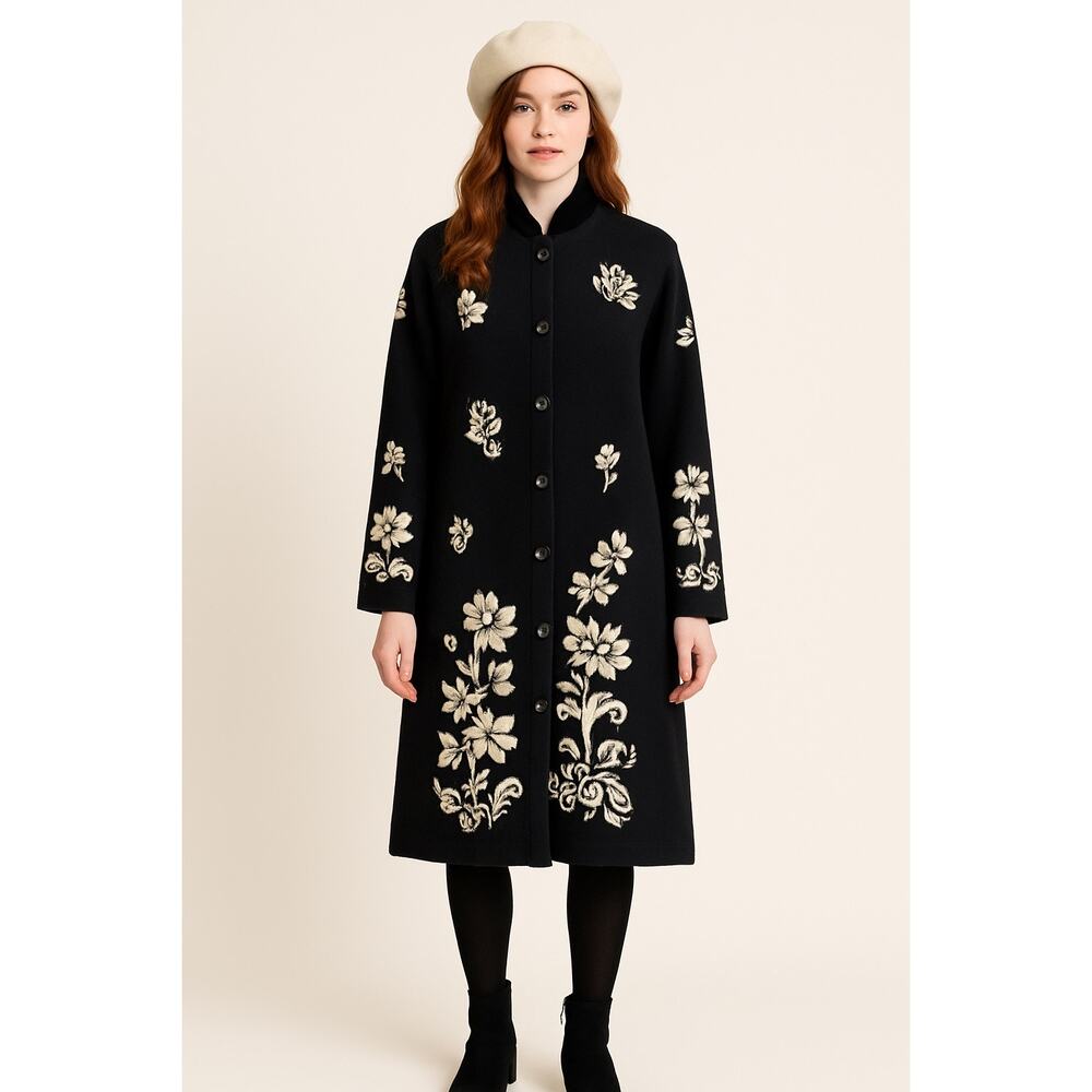 Vintage Josephine Chaus Embroidered Knit Coat Black White Floral Velvet Trim L